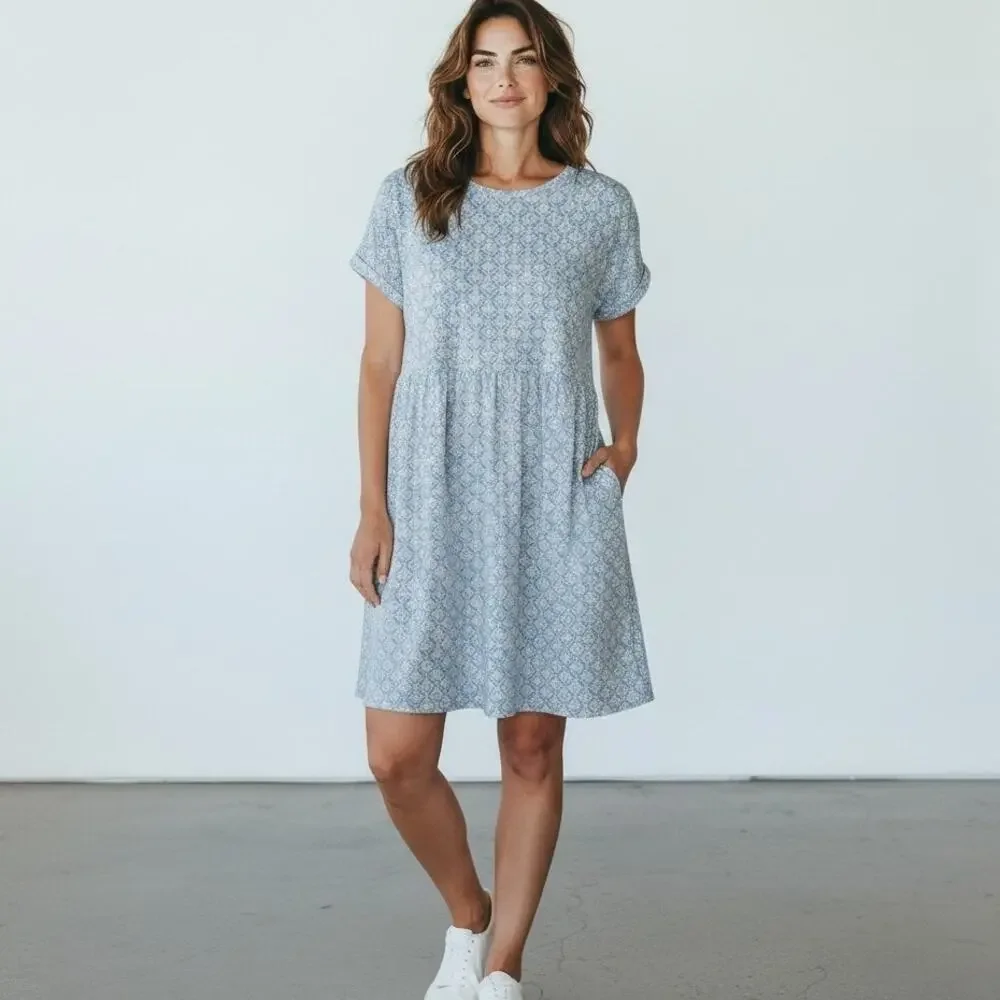 Vineyard Vines Girls XL Blue Every Day Jersey Dress Calm Water Floral Pattern